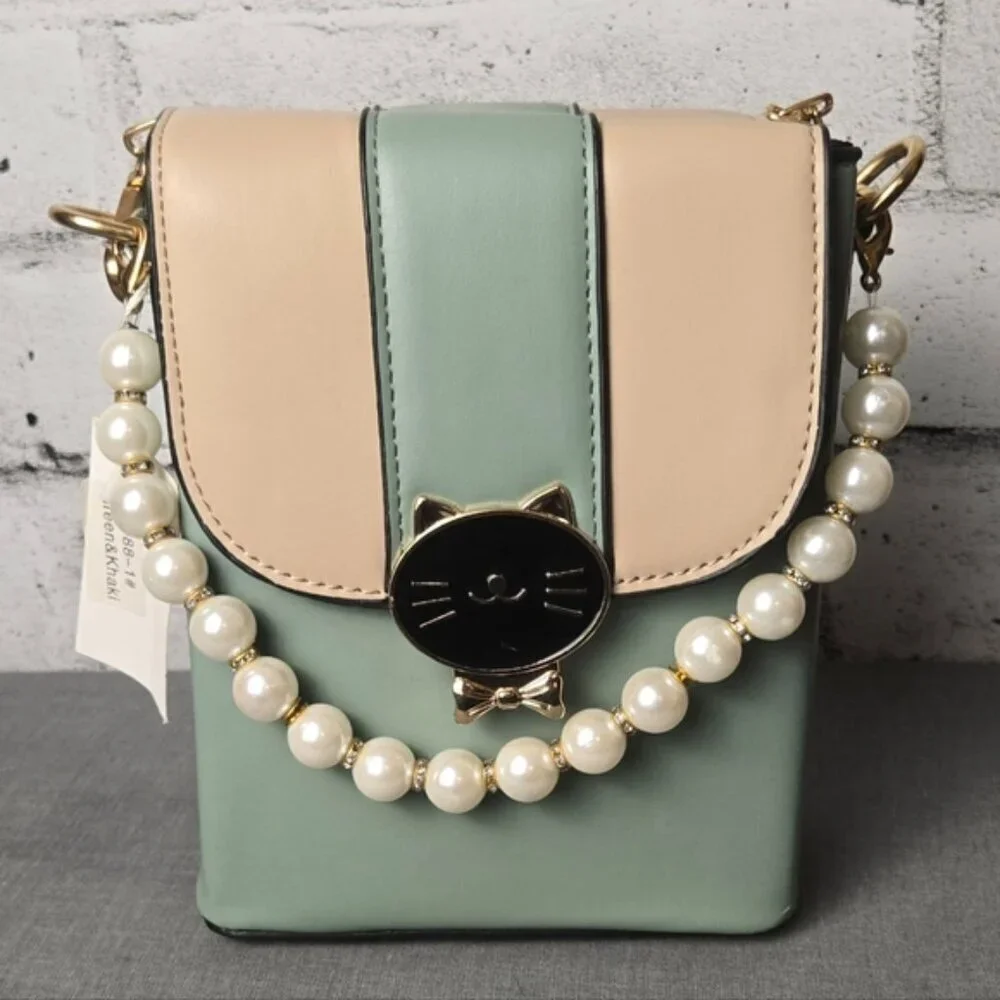 Chic Cat Design Green and Cream Crossbody / Handbag